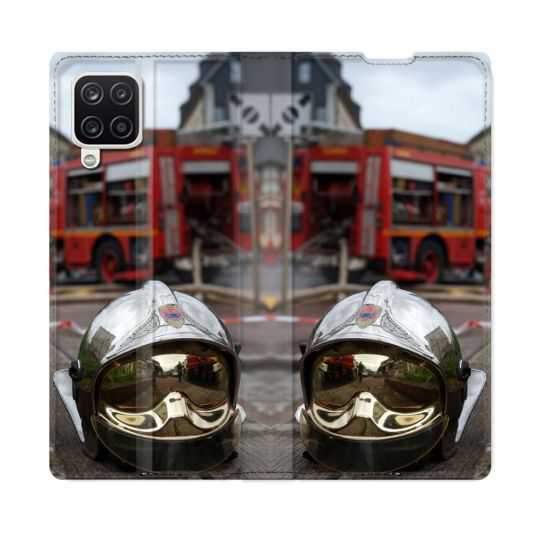 Housse Cuir Portefeuille Pour Samsung Galaxy A12 Pompier Casque Camion