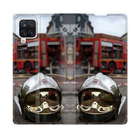 Housse Cuir Portefeuille Pour Samsung Galaxy A12 Pompier Casque Camion