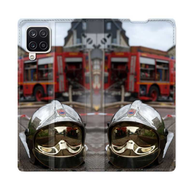 Housse Cuir Portefeuille Pour Samsung Galaxy A12 Pompier Casque Camion