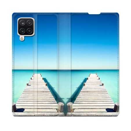 Housse Cuir Portefeuille Pour Samsung Galaxy A12 Nature Pont Mer