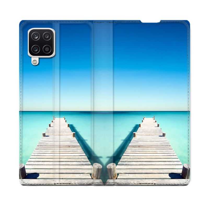 Housse Cuir Portefeuille Pour Samsung Galaxy A12 Nature Pont Mer