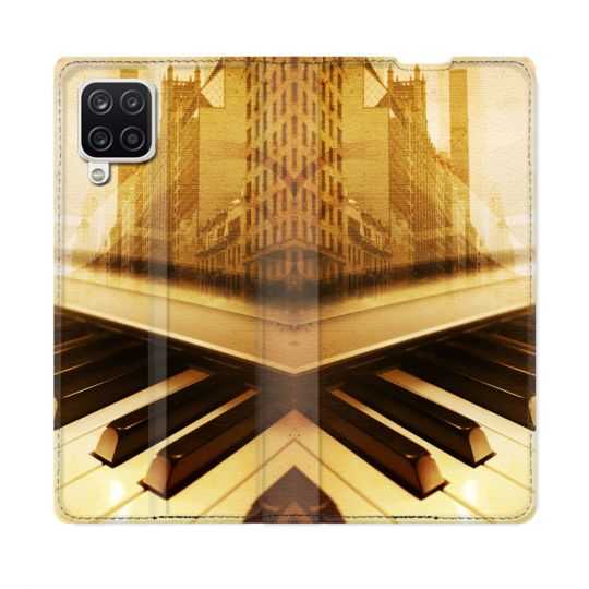 Housse Cuir Portefeuille Pour Samsung Galaxy A12 Musique Piano Retro