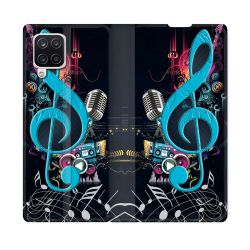 Housse Cuir Portefeuille Pour Samsung Galaxy A12 Musique Cle Sol Bleu