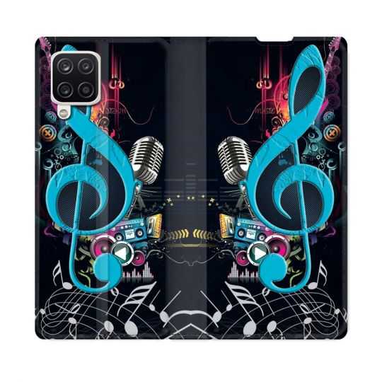 Housse Cuir Portefeuille Pour Samsung Galaxy A12 Musique Cle Sol Bleu