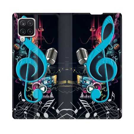 Housse Cuir Portefeuille Pour Samsung Galaxy A12 Musique Cle Sol Bleu