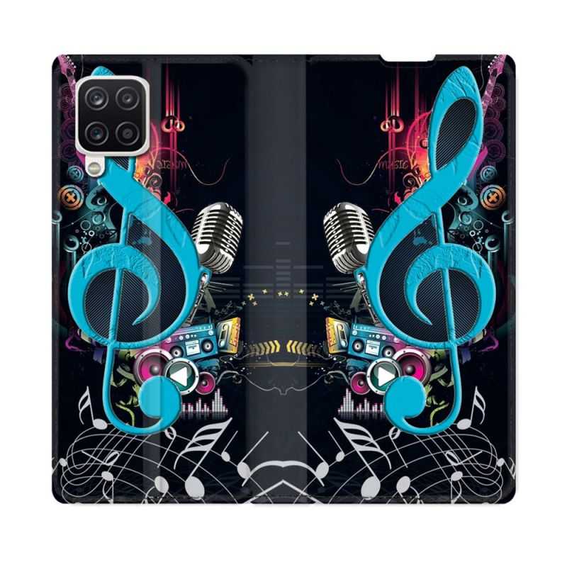 Housse Cuir Portefeuille Pour Samsung Galaxy A12 Musique Cle Sol Bleu