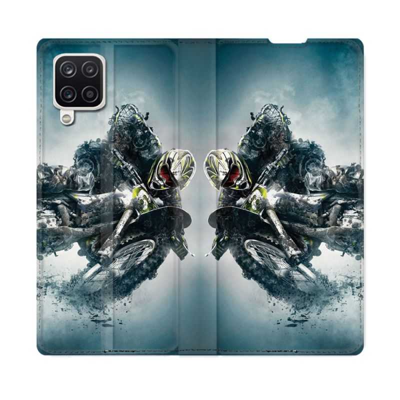 Housse Cuir Portefeuille Pour Samsung Galaxy A12 Moto Cross Ombre