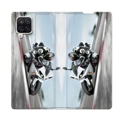 Housse Cuir Portefeuille Pour Samsung Galaxy A12 Moto Course GP Blanche