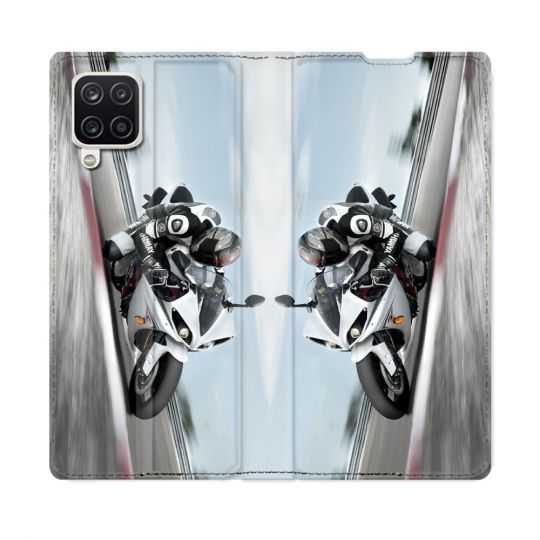Housse Cuir Portefeuille Pour Samsung Galaxy A12 Moto Course GP Blanche