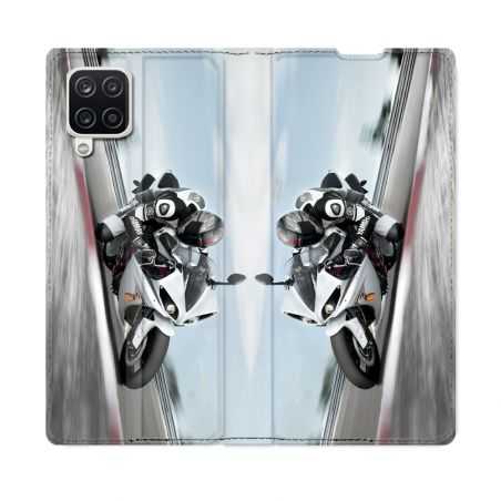 Housse Cuir Portefeuille Pour Samsung Galaxy A12 Moto Course GP Blanche