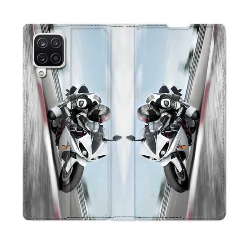 Housse Cuir Portefeuille Pour Samsung Galaxy A12 Moto Course GP Blanche