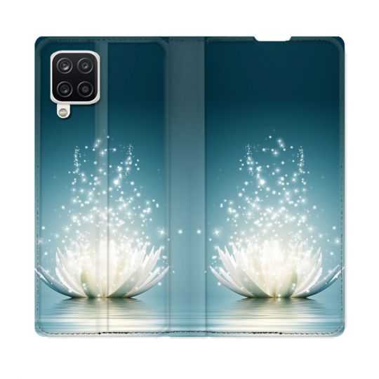Housse Cuir Portefeuille Pour Samsung Galaxy A12 Fleur Lotus Blanc