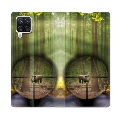 Housse Cuir Portefeuille Pour Samsung Galaxy A12 Chasse Sanglier Viseur