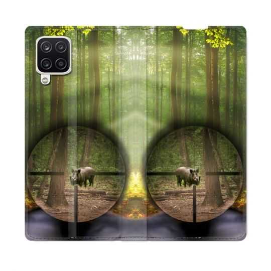 Housse Cuir Portefeuille Pour Samsung Galaxy A12 Chasse Sanglier Viseur