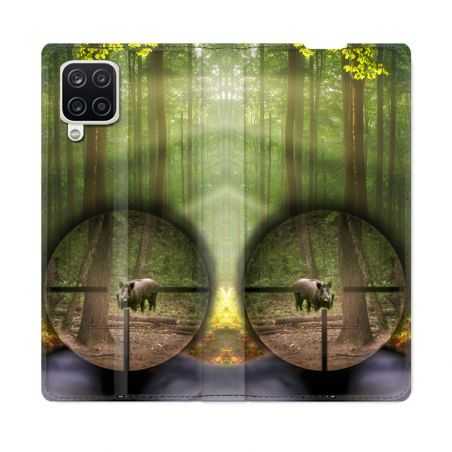 Housse Cuir Portefeuille Pour Samsung Galaxy A12 Chasse Sanglier Viseur