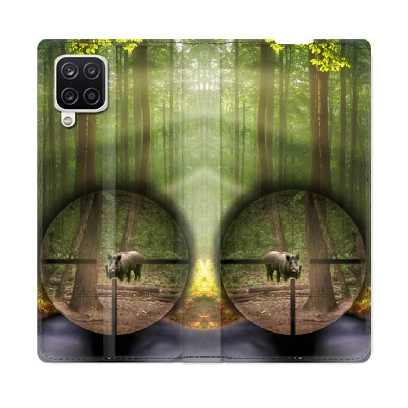 Housse Cuir Portefeuille Pour Samsung Galaxy A12 Chasse Sanglier Viseur