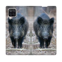 Housse Cuir Portefeuille Pour Samsung Galaxy A12 Chasse Sanglier Pin