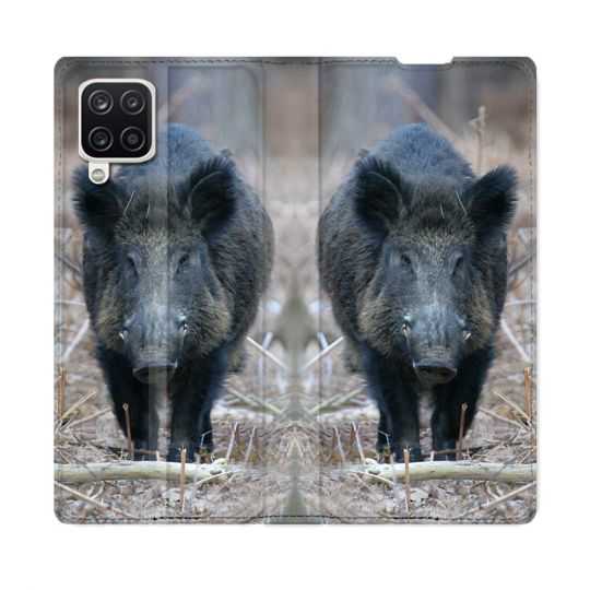 Housse Cuir Portefeuille Pour Samsung Galaxy A12 Chasse Sanglier Pin