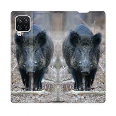 Housse Cuir Portefeuille Pour Samsung Galaxy A12 Chasse Sanglier Pin
