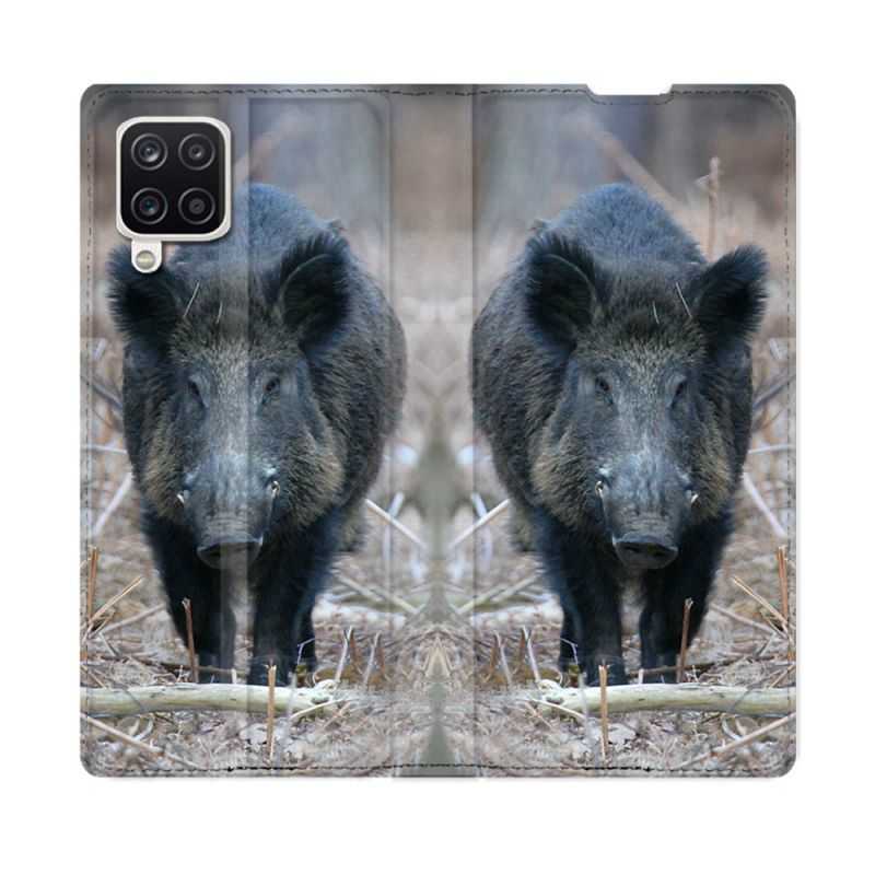 Housse Cuir Portefeuille Pour Samsung Galaxy A12 Chasse Sanglier Pin