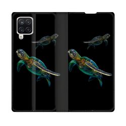 Housse Cuir Portefeuille Pour Samsung Galaxy A12 Animal Tortue Noire multicolore