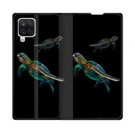 Housse Cuir Portefeuille Pour Samsung Galaxy A12 Animal Tortue Noire multicolore