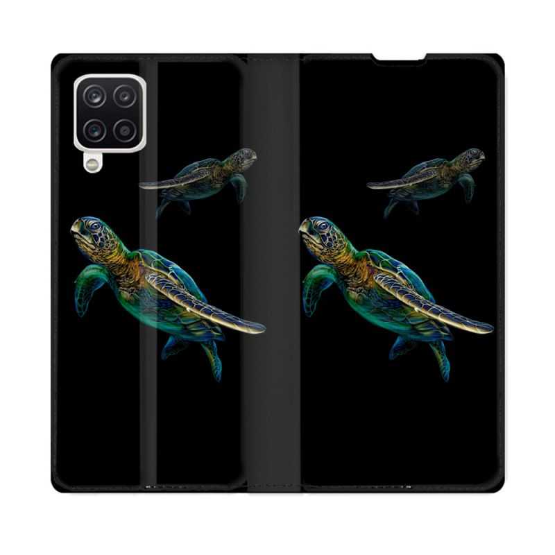 Housse Cuir Portefeuille Pour Samsung Galaxy A12 Animal Tortue Noire multicolore