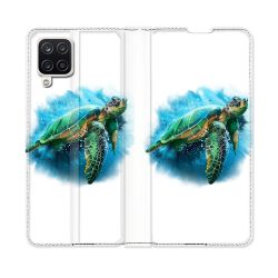 Housse Cuir Portefeuille Pour Samsung Galaxy A12 Animal Tortue Blanche multicolore