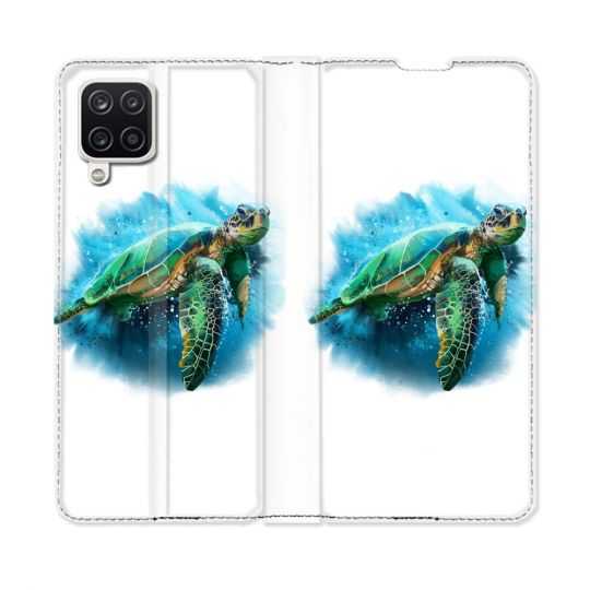 Housse Cuir Portefeuille Pour Samsung Galaxy A12 Animal Tortue Blanche multicolore