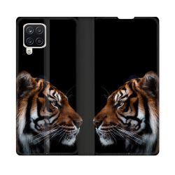 Housse Cuir Portefeuille Pour Samsung Galaxy A12 Animal Tigre Noir