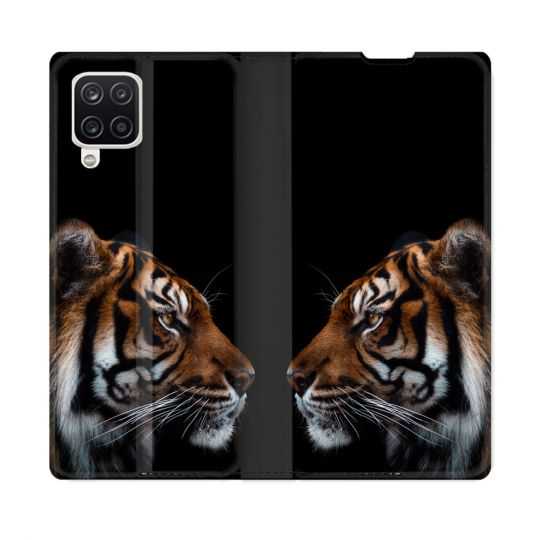 Housse Cuir Portefeuille Pour Samsung Galaxy A12 Animal Tigre Noir