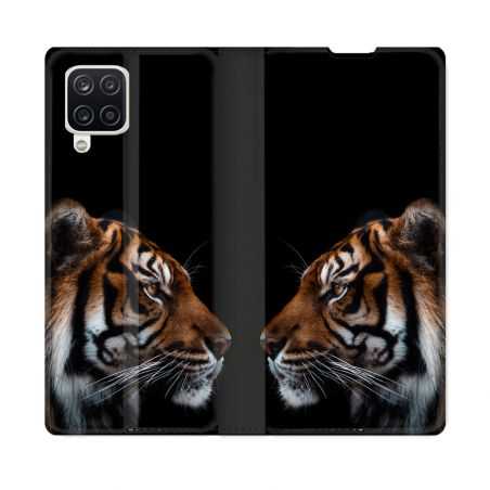 Housse Cuir Portefeuille Pour Samsung Galaxy A12 Animal Tigre Noir