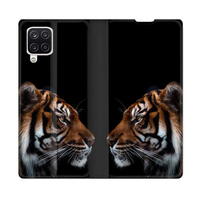 Housse Cuir Portefeuille Pour Samsung Galaxy A12 Animal Tigre Noir