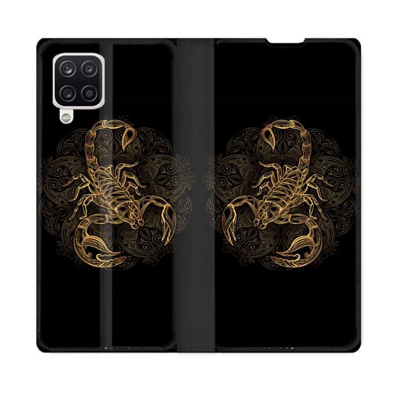 Housse Cuir Portefeuille Pour Samsung Galaxy A12 Animal Scorpion Fresque