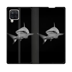 Housse Cuir Portefeuille Pour Samsung Galaxy A12 Animal Requin Sombre