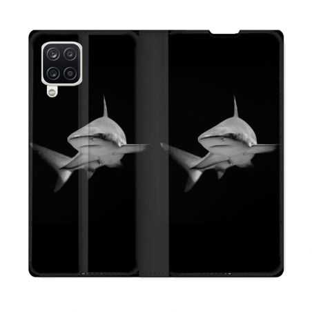 Housse Cuir Portefeuille Pour Samsung Galaxy A12 Animal Requin Sombre