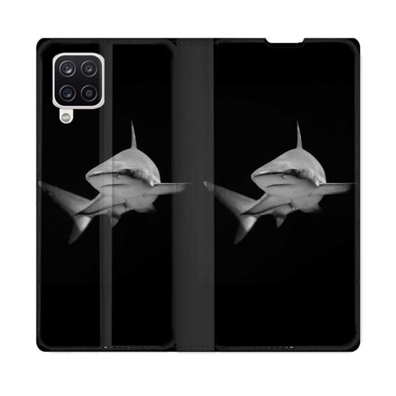 Housse Cuir Portefeuille Pour Samsung Galaxy A12 Animal Requin Sombre