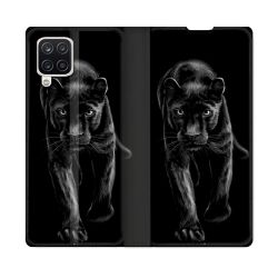 Housse Cuir Portefeuille Pour Samsung Galaxy A12 Animal Panthère Noire