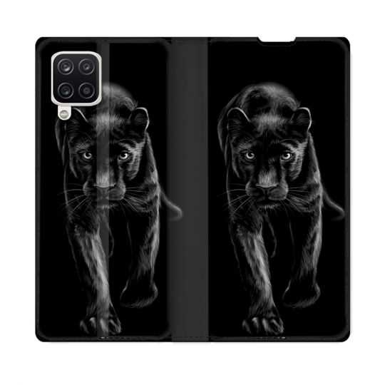 Housse Cuir Portefeuille Pour Samsung Galaxy A12 Animal Panthère Noire