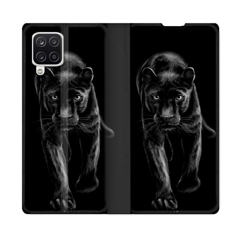 Housse Cuir Portefeuille Pour Samsung Galaxy A12 Animal Panthère Noire