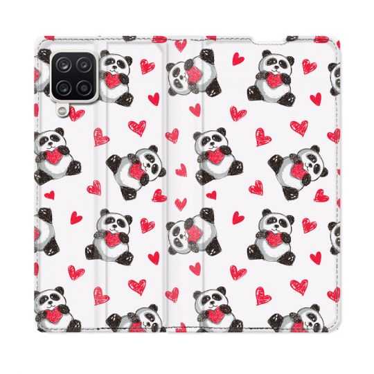 Housse Cuir Portefeuille Pour Samsung Galaxy A12 Animal Panda Cœur
