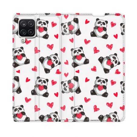 Housse Cuir Portefeuille Pour Samsung Galaxy A12 Animal Panda Cœur