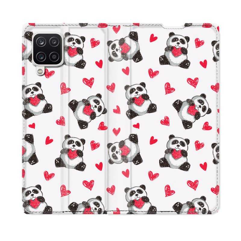 Housse Cuir Portefeuille Pour Samsung Galaxy A12 Animal Panda Cœur