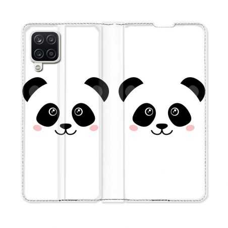 Housse Cuir Portefeuille Pour Samsung Galaxy A12 Animal Panda Blanc