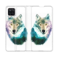 Housse Cuir Portefeuille Pour Samsung Galaxy A12 Animal Loup Montagne