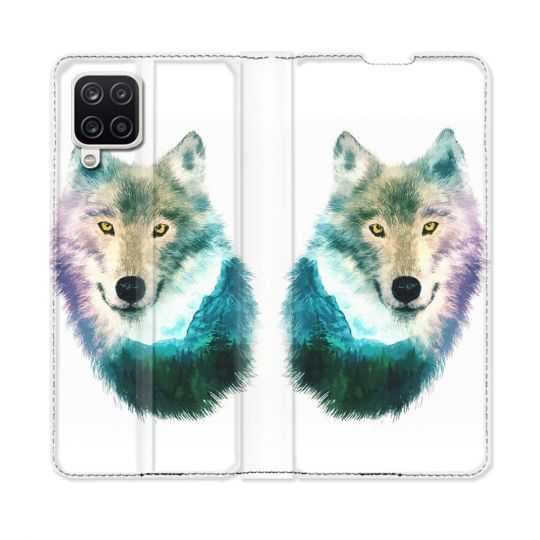 Housse Cuir Portefeuille Pour Samsung Galaxy A12 Animal Loup Montagne