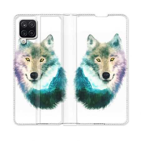 Housse Cuir Portefeuille Pour Samsung Galaxy A12 Animal Loup Montagne