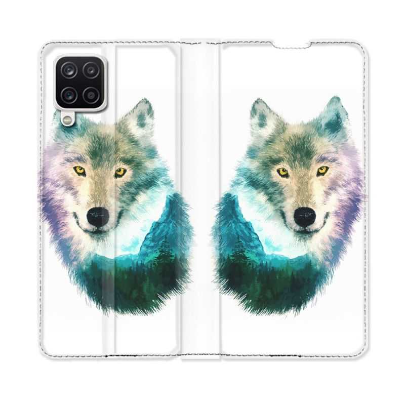 Housse Cuir Portefeuille Pour Samsung Galaxy A12 Animal Loup Montagne