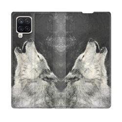 Housse Cuir Portefeuille Pour Samsung Galaxy A12 Animal Loup Hurlement