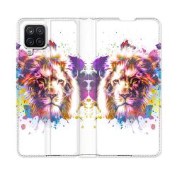 Housse Cuir Portefeuille Pour Samsung Galaxy A12 Animal Lion Tag